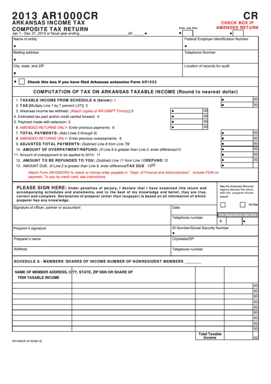 Fillable Form Ar1000cr - Arkansas Income Tax Composite Tax Return - 2013 Printable pdf