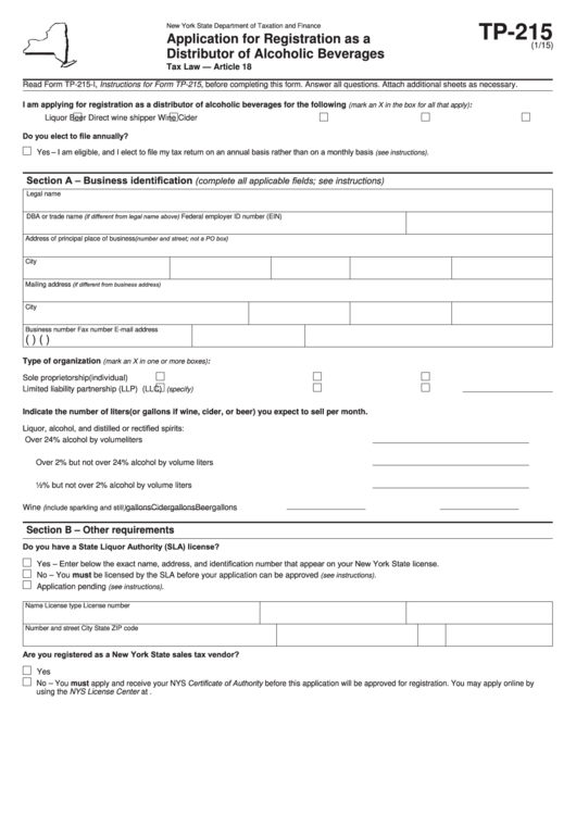 Form Tp-215 - Application For Registration As A Distributor Of Alcoholic Beverages Printable pdf