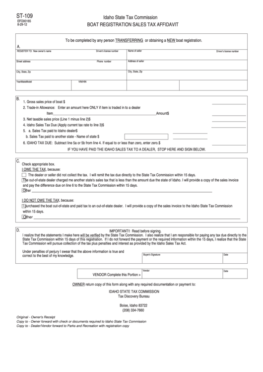Fillable Form St-109 - Boat Registration Sales Tax Affidavit Printable pdf