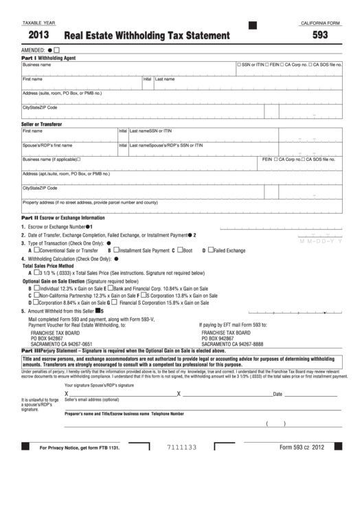 Fillable California Form 593 - Real Estate Withholding Tax Statement - 2013 Printable pdf