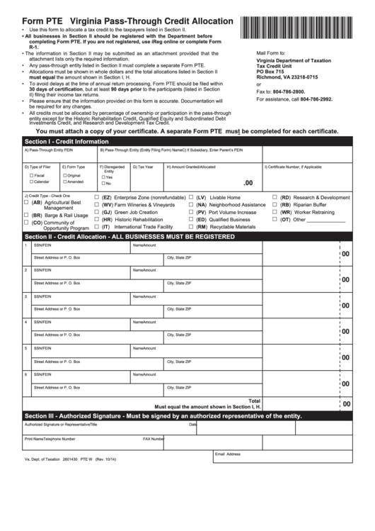 Fillable Form Pte - Virginia Pass-Through Credit Allocation Printable pdf