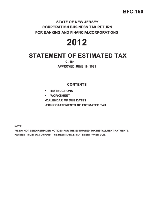 Fillable Form Bfc-150 - Corporation Business Tax Return For Banking And Financial Corporations Statement Of Estimated Tax - 2012 Printable pdf