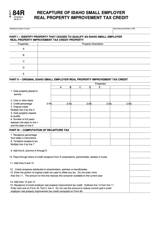 Fillable Form 84r - Recapture Of Idaho Small Employer Real Property Improvement Tax Credit Printable pdf