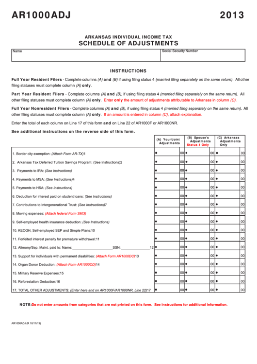 Fillable Form Ar1000adj - Schedule Of Adjustments - 2013 Printable pdf