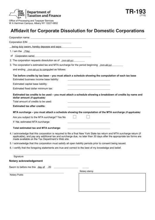 Form Tr-193 - Affidavit For Corporate Dissolution For Domestic Corporations Printable pdf