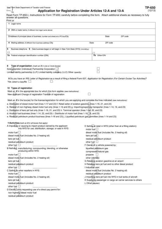 Form Tp-650 - Application For Registration Under Articles 12-A And 13-A Printable pdf