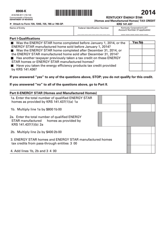 Fillable Form 8908-K - Kentucky Energy Star (Homes And Manufactured Homes) Tax Credit - 2014 Printable pdf