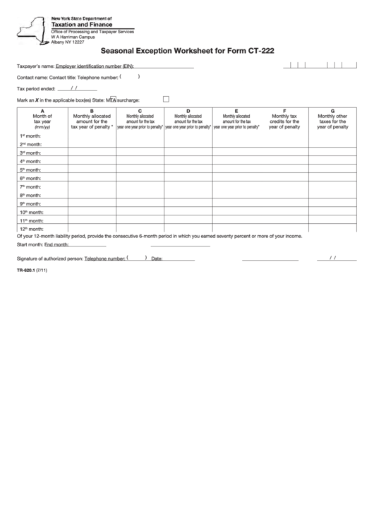 Form Tr-620.1 - Seasonal Exception Worksheet For Form Ct-222 Printable pdf