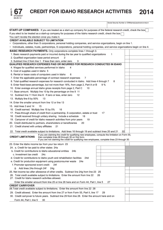 Fillable Form 67 - Credit For Idaho Research Activities - 2014 Printable pdf