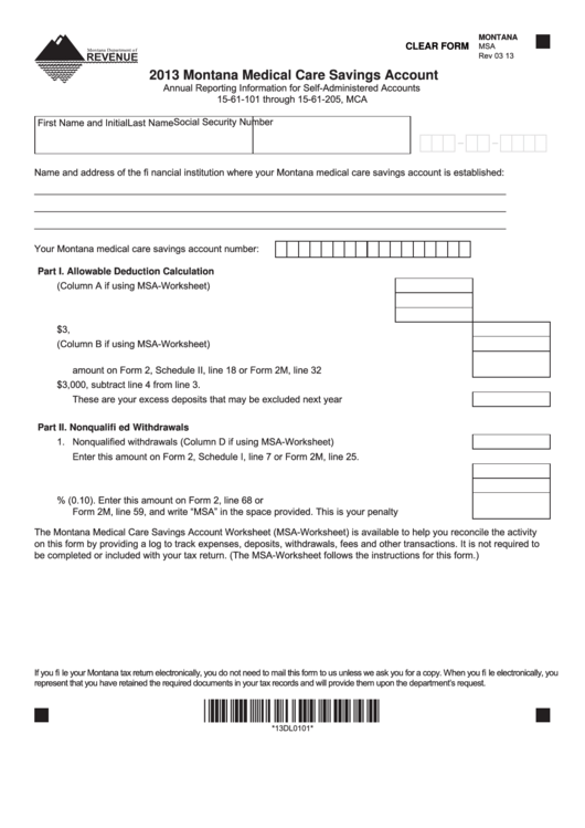 Fillable Form Msa - Montana Medical Care Savings Account - 2013 Printable pdf