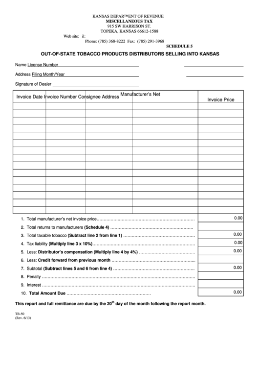 Fillable Form Tb-50 - Schedule 5 - Out-Of-State Tobacco Products Distributors Selling Into Kansas Printable pdf