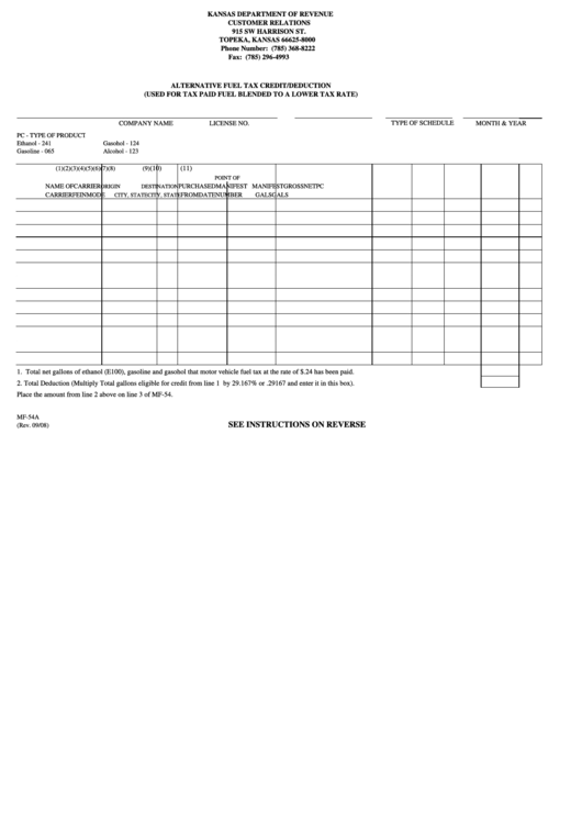 Fillable Form Mf-54a - Alternative Fuel Tax Credit/deduction (Used For Tax Paid Fuel Blended To A Lower Tax Rate) Printable pdf