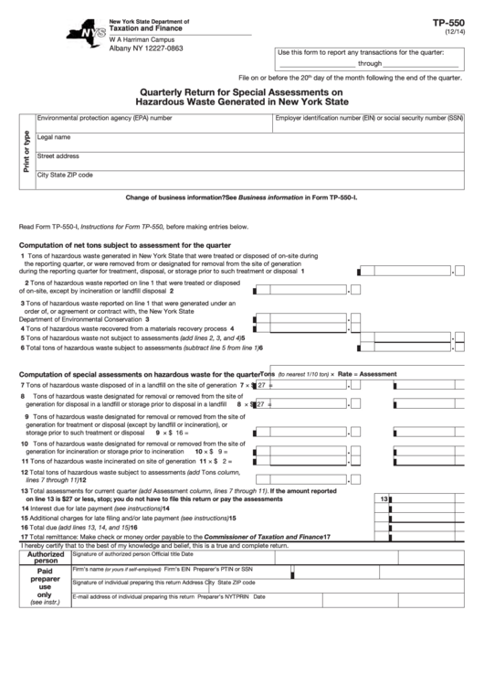 Fillable Form Tp-550 - Quarterly Return For Special Assessments On Hazardous Waste Generated In New York State Printable pdf