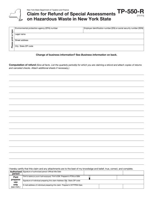 Form Tp-550-R - Claim For Refund Of Special Assessments On Hazardous Waste In New York State Printable pdf