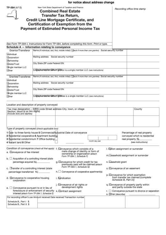 Fillable Form Tp-584 - Combined Real Estate Transfer Tax Return, Credit Line Mortgage Certificate, And Certification Of Exemption From The Payment Of Estimated Personal Income Tax Printable pdf