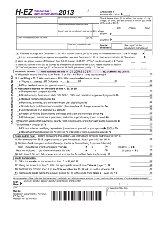 Fillable Form H-Ez - Wisconsin Homestead Credit - 2013 Printable pdf