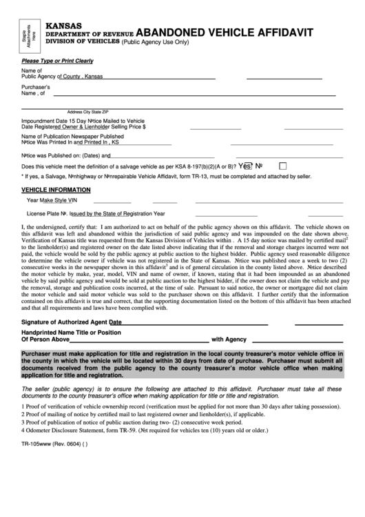 Fillable Form Tr-105 - Abandoned Vehicle Affidavit printable pdf download