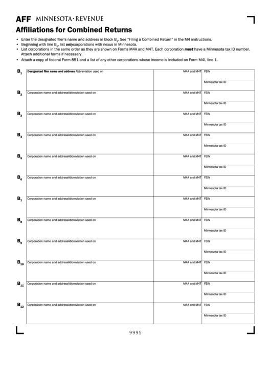 Fillable Form Aff - Affiliations For Combined Returns Printable pdf