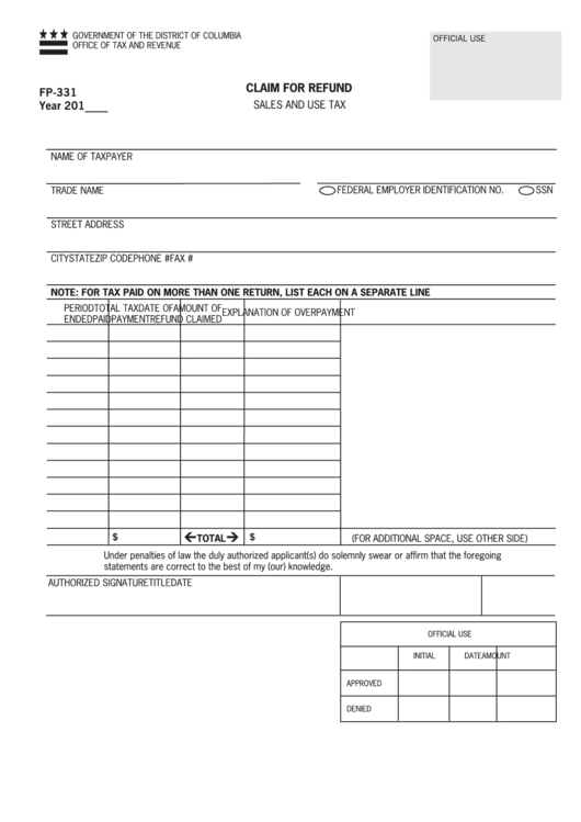 Fillable Form Fp-331 - Claim For Refund Printable pdf