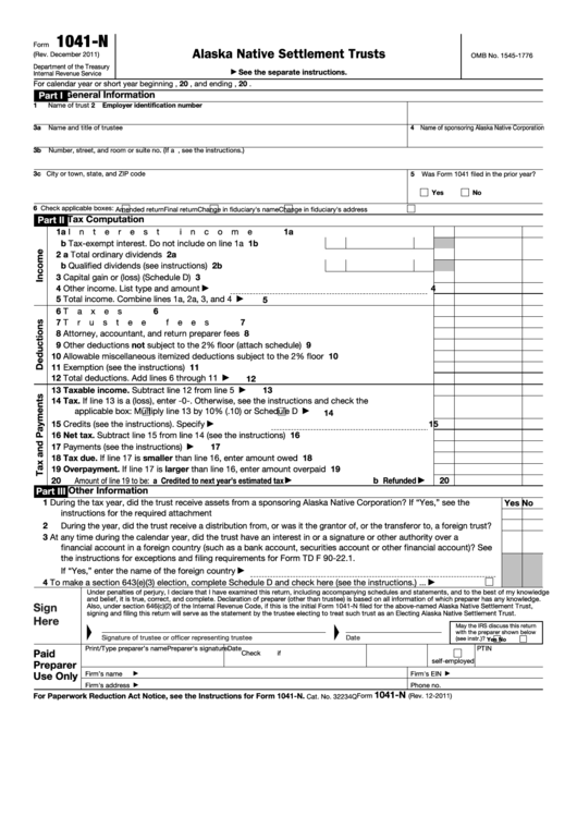 Fillable Form 1041-N - U.s. Income Tax Return For Electing Alaska Native Settlement Trusts Printable pdf