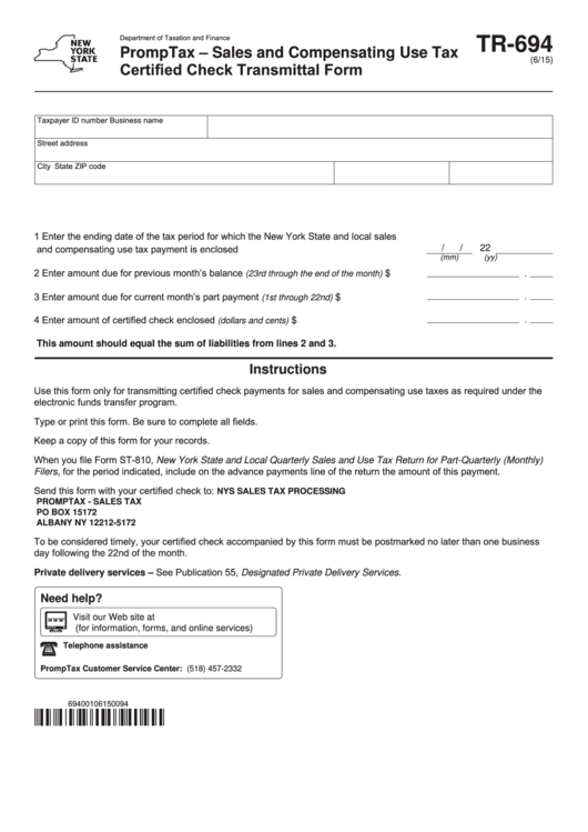 Fillable Form Tr-694 - Promptax - Sales And Compensating Use Tax Certified Check Transmittal Form Printable pdf