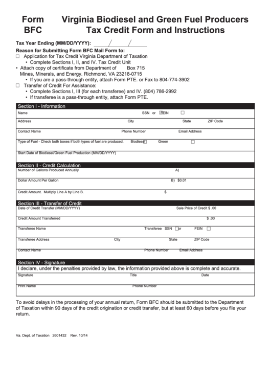 Form Bfc - Virginia Biodiesel And Green Fuel Producers Tax Credit Form Printable pdf