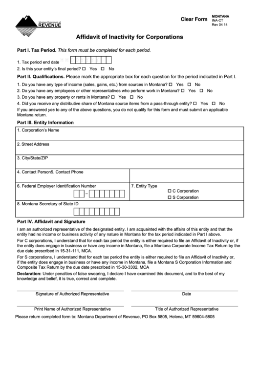 Fillable Form Ina-Ct - Affidavit Of Inactivity For Corporations Printable pdf