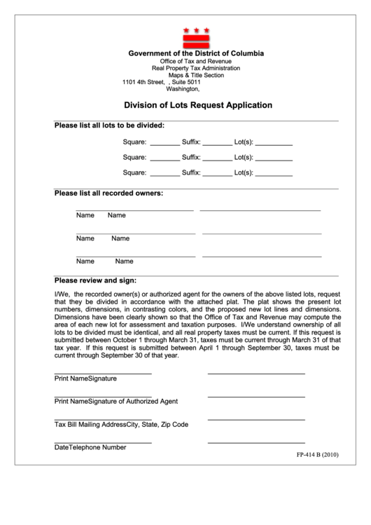 Form Fp-414 B - Division Of Lots Request Application Printable pdf