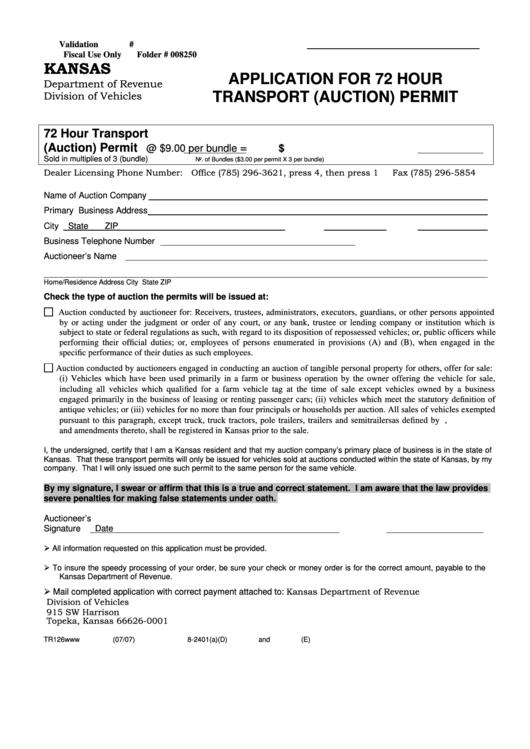 Fillable Form Tr126 - Application For 72 Hour Transport (Auction) Permit Printable pdf