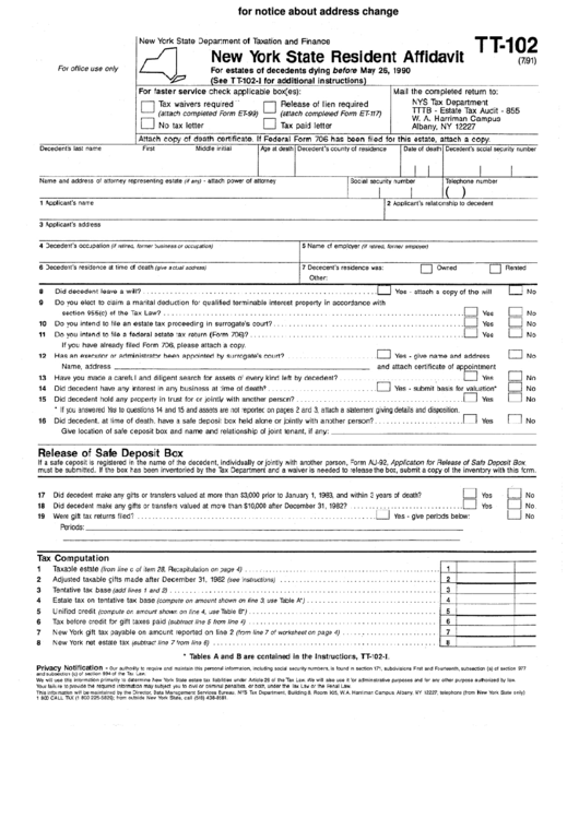 Form Tt-102 - New York State Resident Affidavit Printable pdf