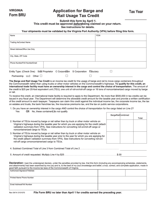 Fillable Virginia Form Bru - Application For Barge And Rail Usage Tax Credit Printable pdf