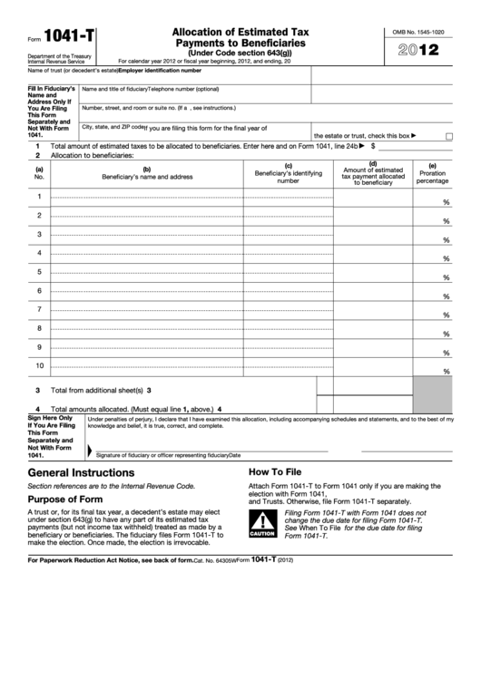 Fillable Form 1041-T - Allocation Of Estimated Tax Payments To Beneficiaries - 2012 Printable pdf