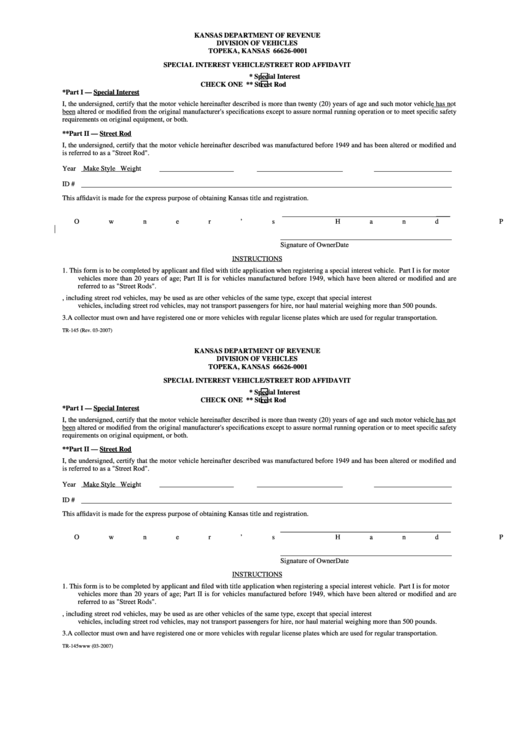 Form Tr-145 - Special Interest Vehicle/street Rod Affidavit Printable pdf
