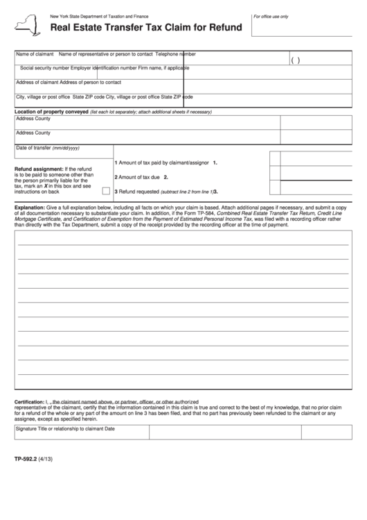 Form Tp-592.2 - Real Estate Transfer Tax Claim For Refund Printable pdf