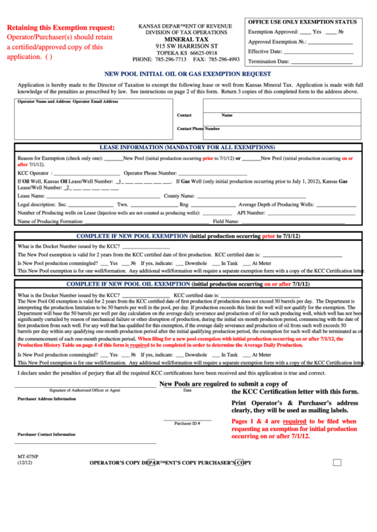 Fillable Form Mt-07np - New Pool Initial Oil Or Gas Exemption Request Printable pdf