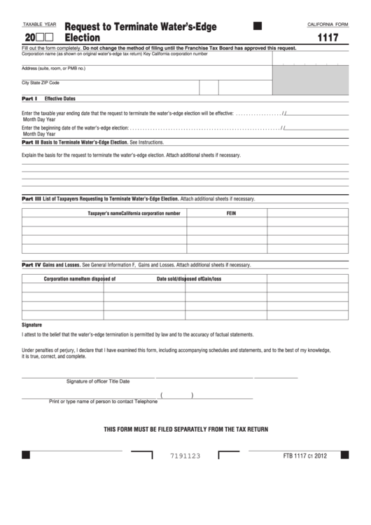 Fillable California Form 1117 - Request To Terminate Water