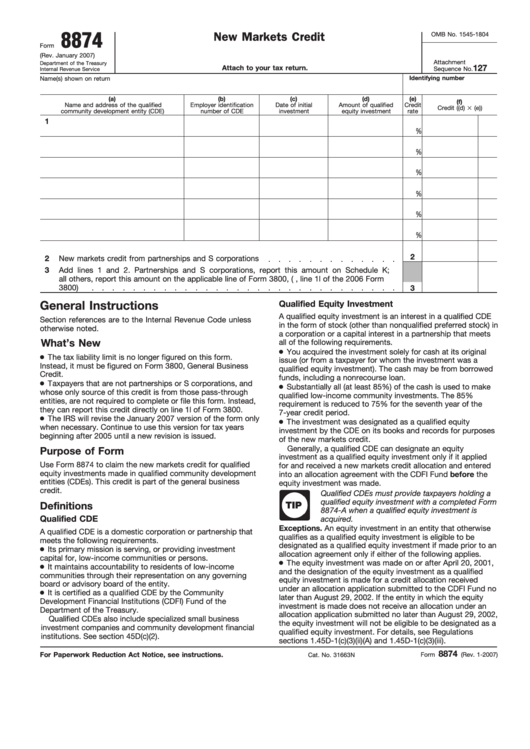 Fillable Form 8874 - New Markets Credit Printable pdf