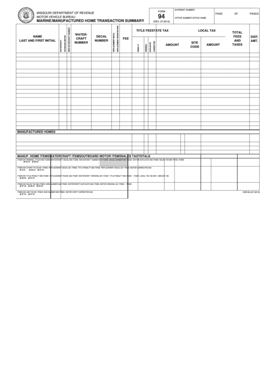 Fillable Form 94 - Marine/manufactured Home Transaction Summary Printable pdf