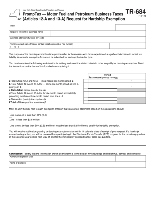 Fillable Form Tr-684 - Promptax - Motor Fuel And Petroleum Business Taxes (Articles 12-A And 13-A) Request For Hardship Exemption Printable pdf