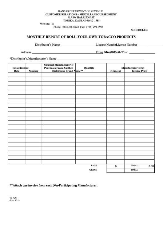 Fillable Form Tb-42c - Schedule 3 - Monthly Report Of Roll-Your-Own-Tobacco Products Printable pdf