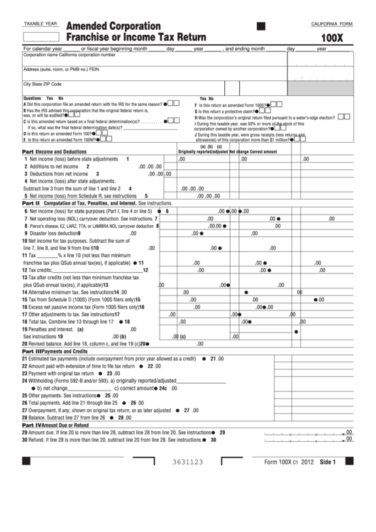 Fillable Form 100x - Amended Corporation Franchise Or Income Tax Return Printable pdf