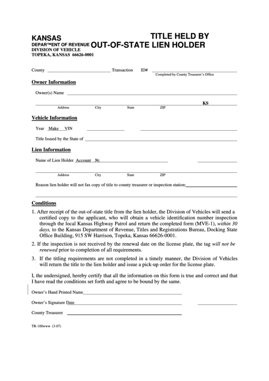 Fillable Form Tr-100 - Title Held By Out-Of-State Lien Holder Printable pdf