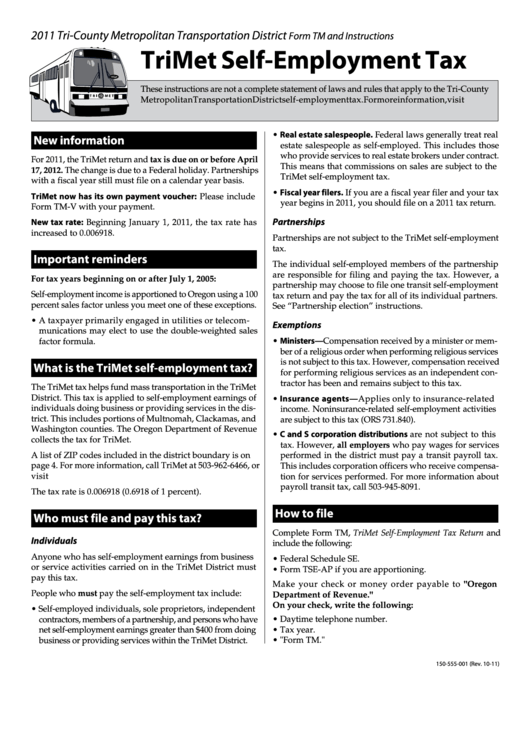 Fillable Form Tm - Trimet Self-Employment Tax - 2011 Printable pdf