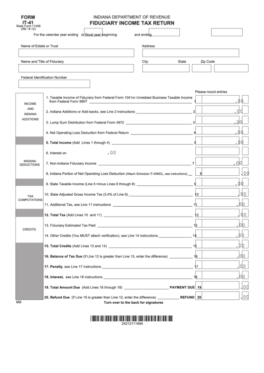 Fillable Form It-41 (State Form 11458) - Fiduciary Income Tax Return Printable pdf