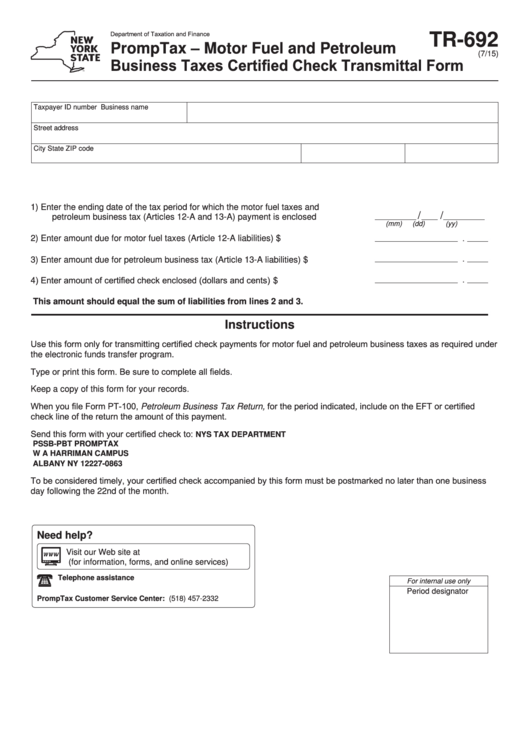 Fillable Form Tr-692 - Promptax - Motor Fuel And Petroleum Business Taxes Certified Check Transmittal Form Printable pdf