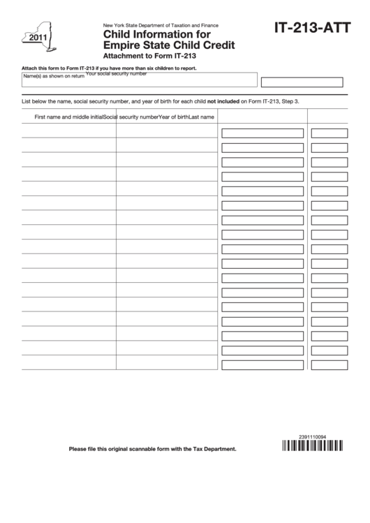 Fillable Form It-213-Att - Child Information For Empire State Child Credit - 2011 Printable pdf