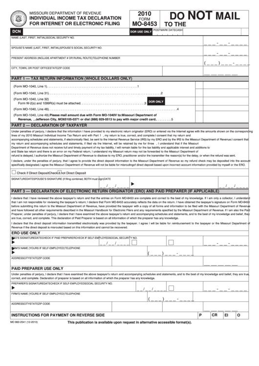 Form Mo-8453 - Individual Income Tax Declaration For Internet Or Electronic Filing - 2010 Printable pdf