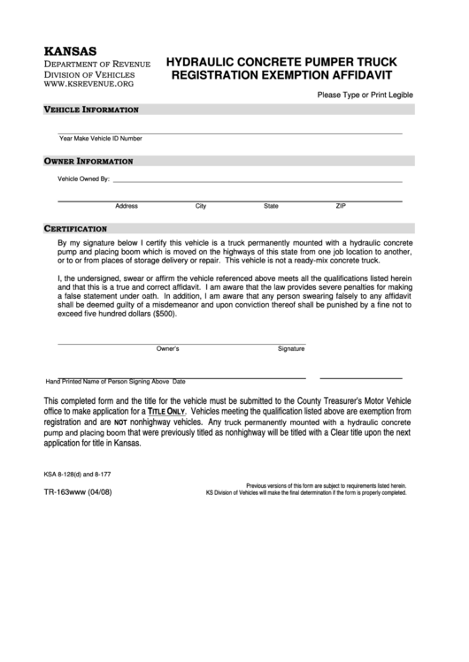 Fillable Form Tr-163 - Hydraulic Concrete Pumper Truck Registration Exemption Affidavit Printable pdf