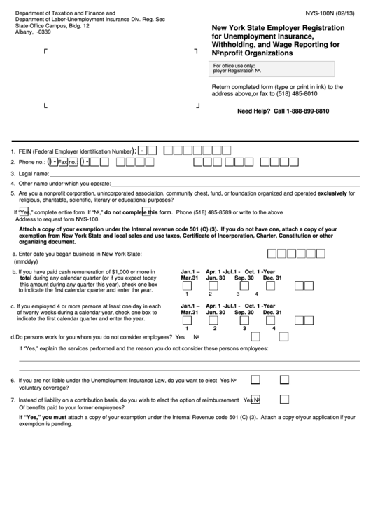 Form Nys-100n - New York State Employer Registration For Unemployment Insurance, Withholding, And Wage Reporting For Nonprofit Organizations Printable pdf
