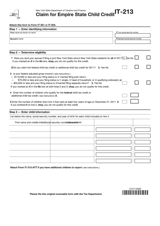 Fillable Form It-213 - Claim For Empire State Child Credit - 2011 Printable pdf